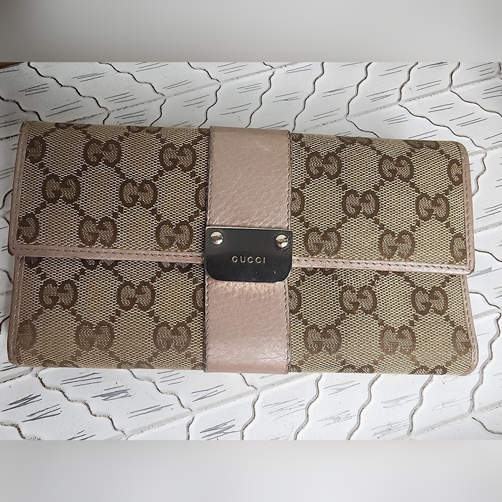 Gucci Long Wallet Signature Canvas With Pink Champagne Leather Trim - Picture 1 of 11